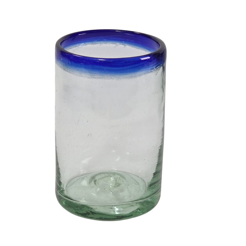 Mexican Handblown Recycled Glass Tumbler Cobalt Blue Rim 4.7in 10oz Pontil